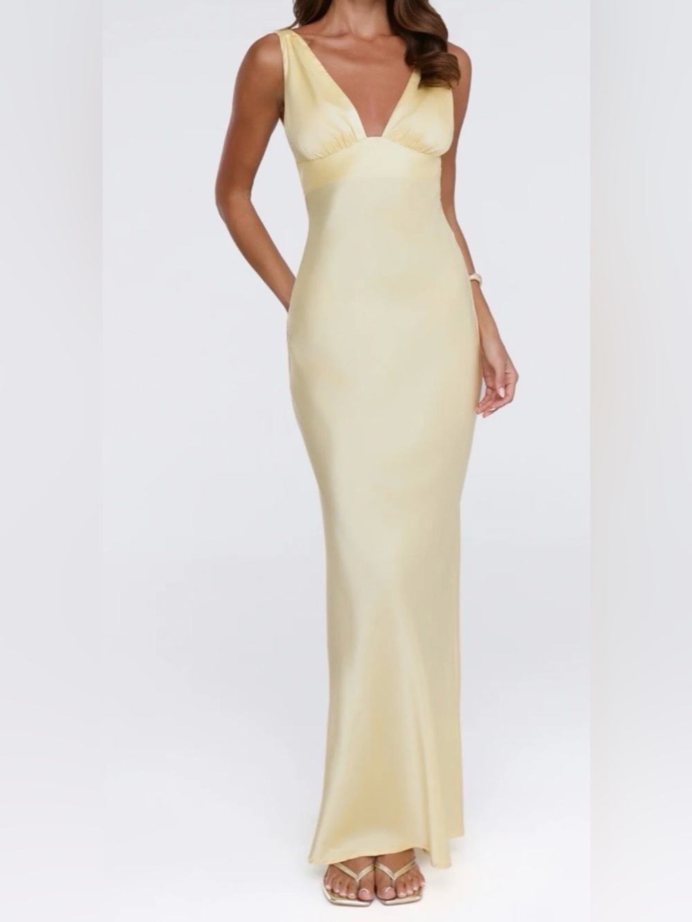 Hello Molly Pale Yellow Satin Back-Tie Maxi Dress